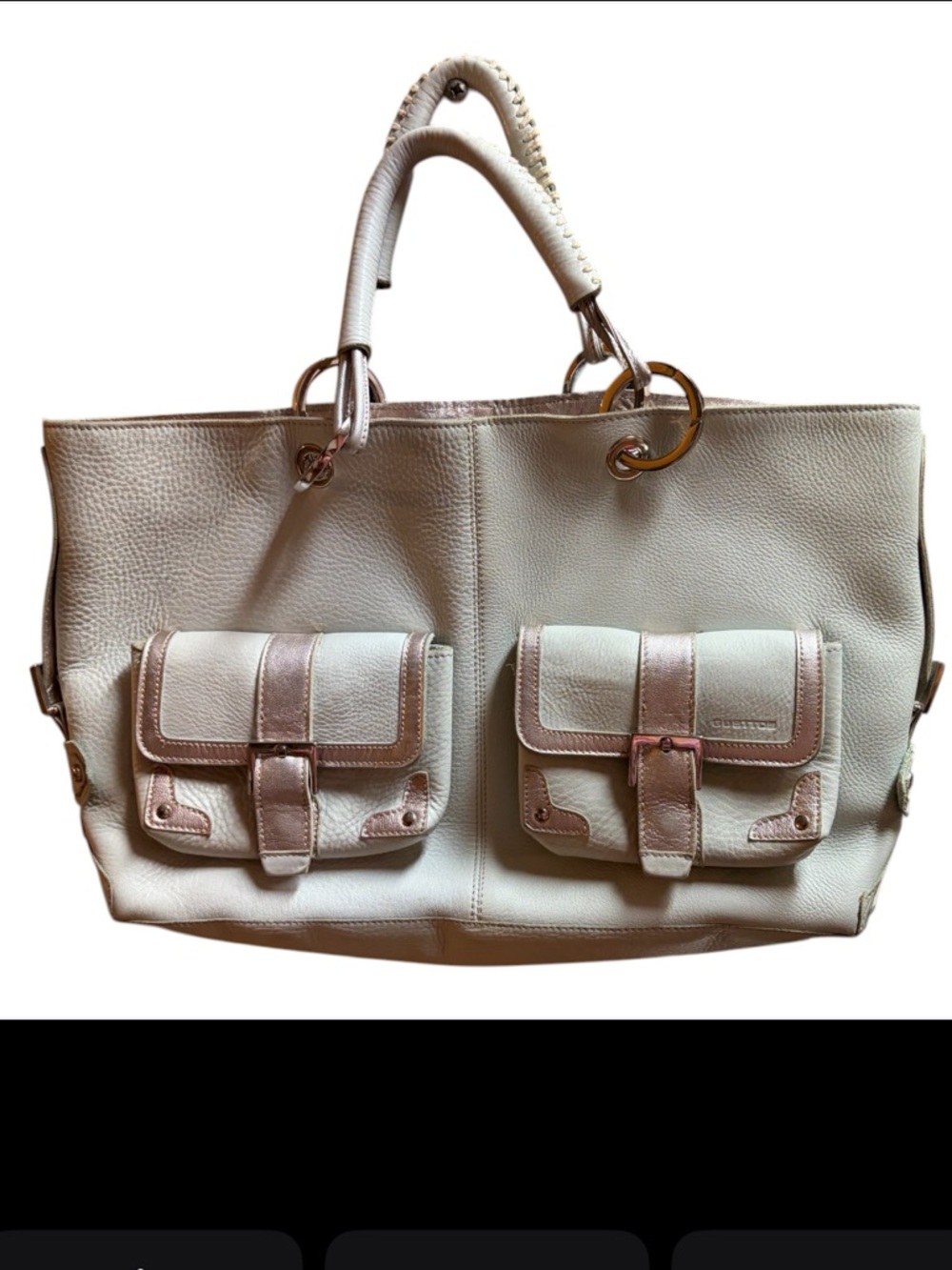 Gusttoo Made in Spain Cream Double-Pocket Leather Tote Bag